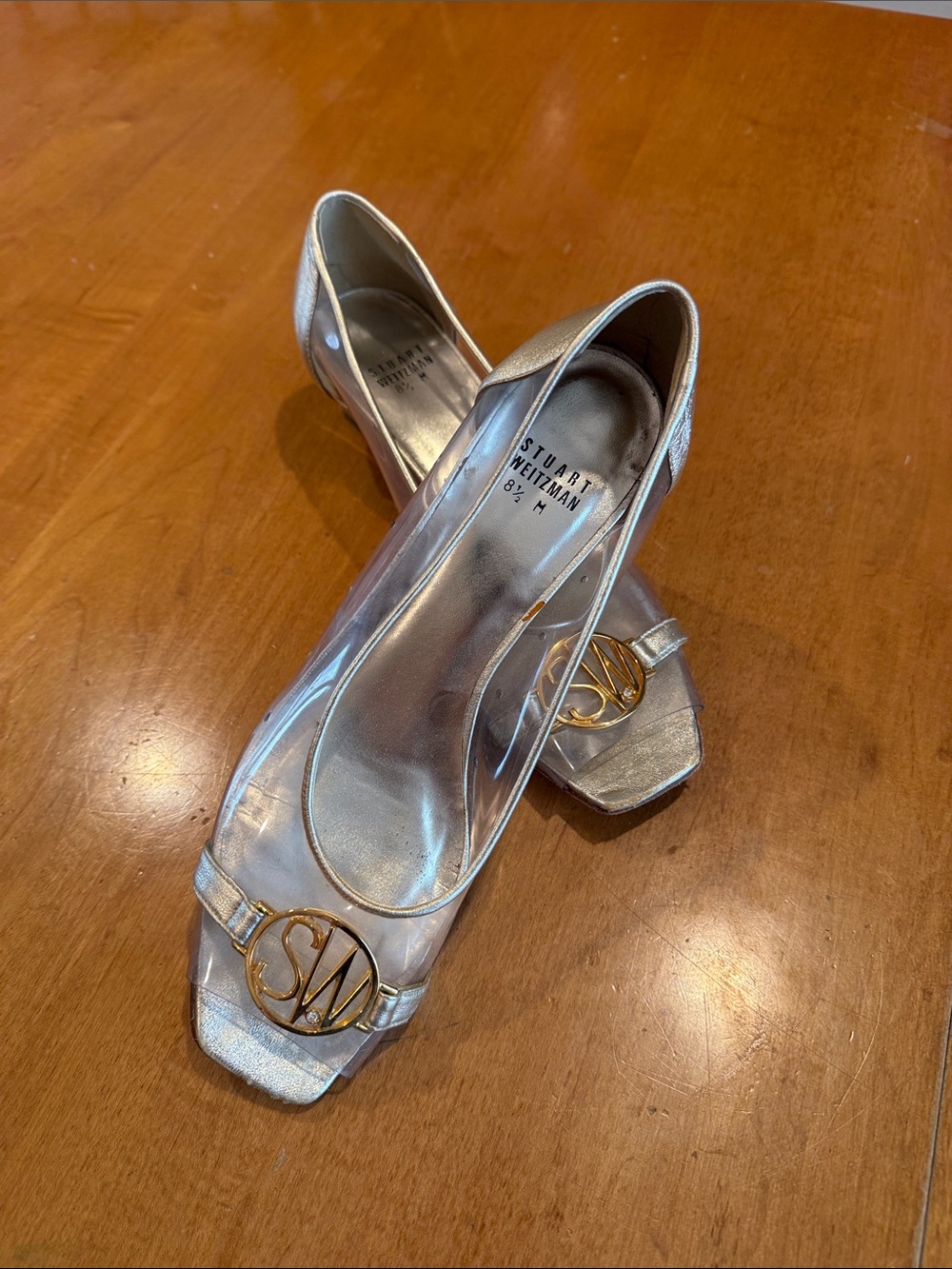 Stuart Weitzman Metallic Peep-Toe Heels with Gold Logo Accent